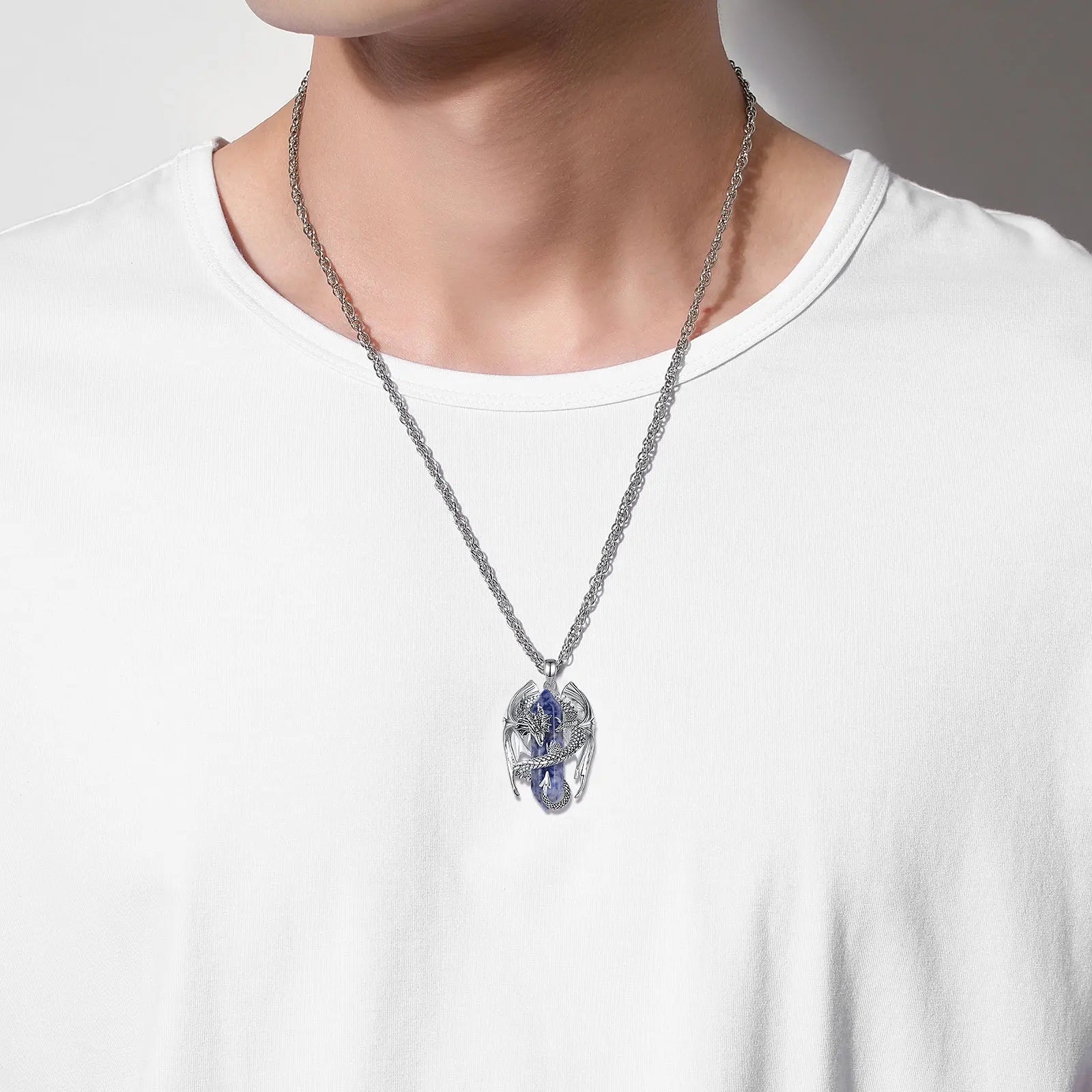 Eudora Dragon Wrapped Dumortierite Hexagonal Crystal Necklace Healing Stone Pendant Spiritual Amulet Jewelry Gift for Women Men