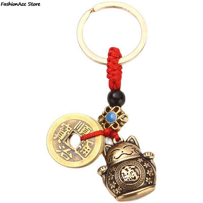 Pure Handmade Brass Lucky Cat Car Keychain Lucky Cat Five Emperors Money Keychain Feng Shui Coins Solid Lucky Key Rings