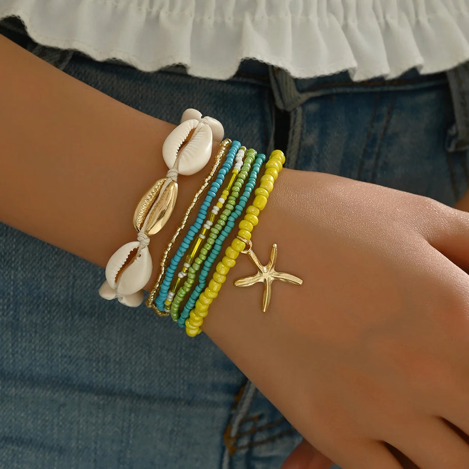 Shell, Starfish and Beaded Woven Bohemian Bracelet Set (7 Pieces)