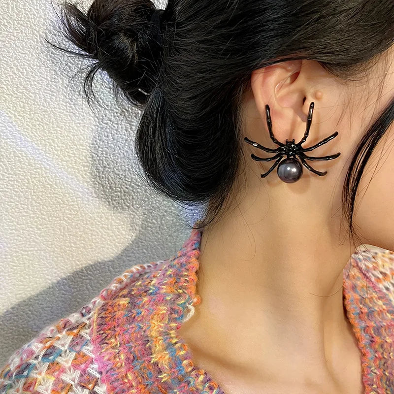 Halloween Dark Vintage Black Spider Earrings For WomenAlloy Pearl Simple Personality Jewelry Puncture Ear Studs Holiday Gifts - Charlie Dolly