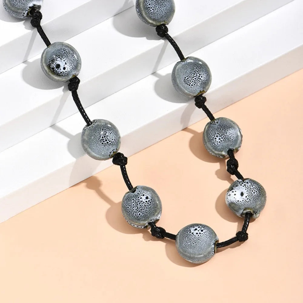 Colorful Ceramic Bead Woven Rope Necklace Jewelry