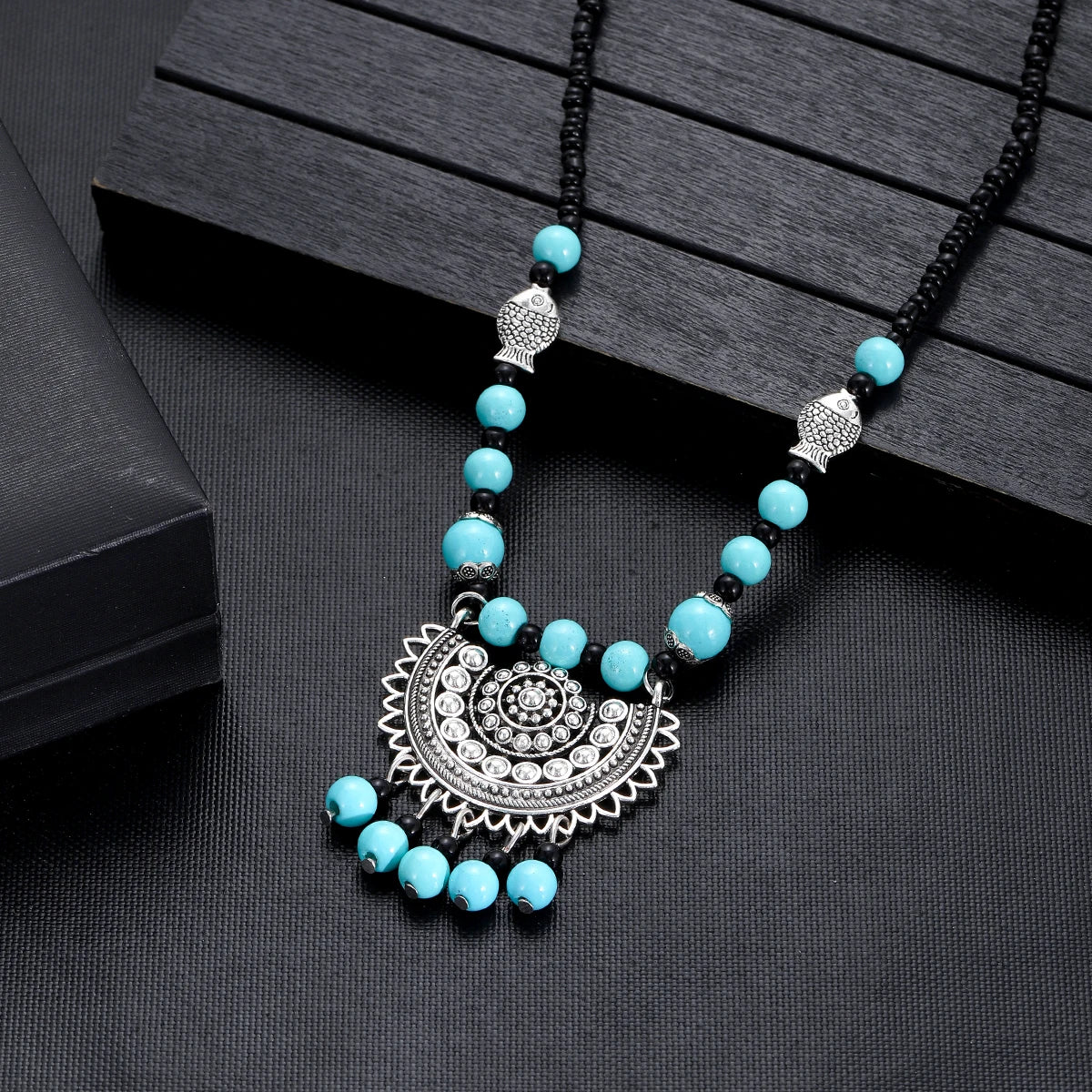 Flower Bead Turquoise Tassel Long Necklace Jewelry