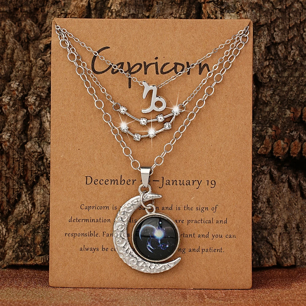 3 Pieces/Set Zodiac Retro Moon Glow Pendant Necklace Set with Birthstone Cards, Birthday Gift for Besties and BFFs
