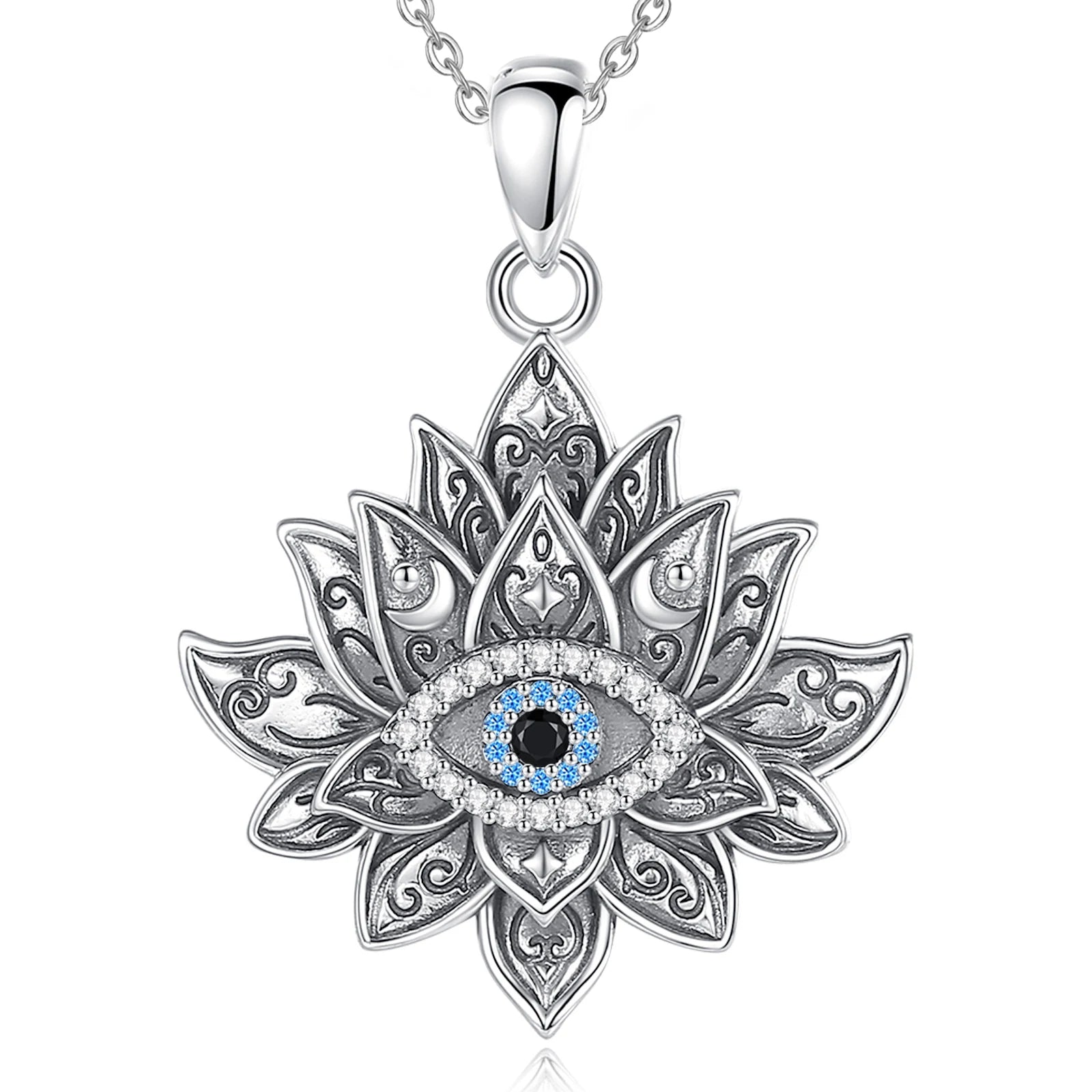Eudora 925 Sterling Silver Evil Eye Lotus Necklace Vintage Evil Eye Lotus Flower Pendant Personality Jewelry for Women Man Gift