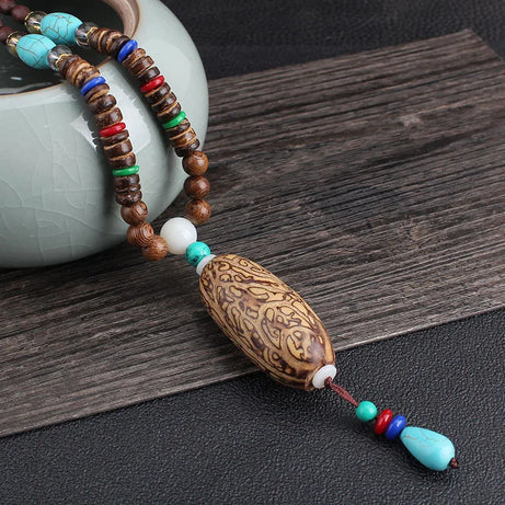 Wood Bead Bodhi Pendant Sweater Chain Necklace Jewelry