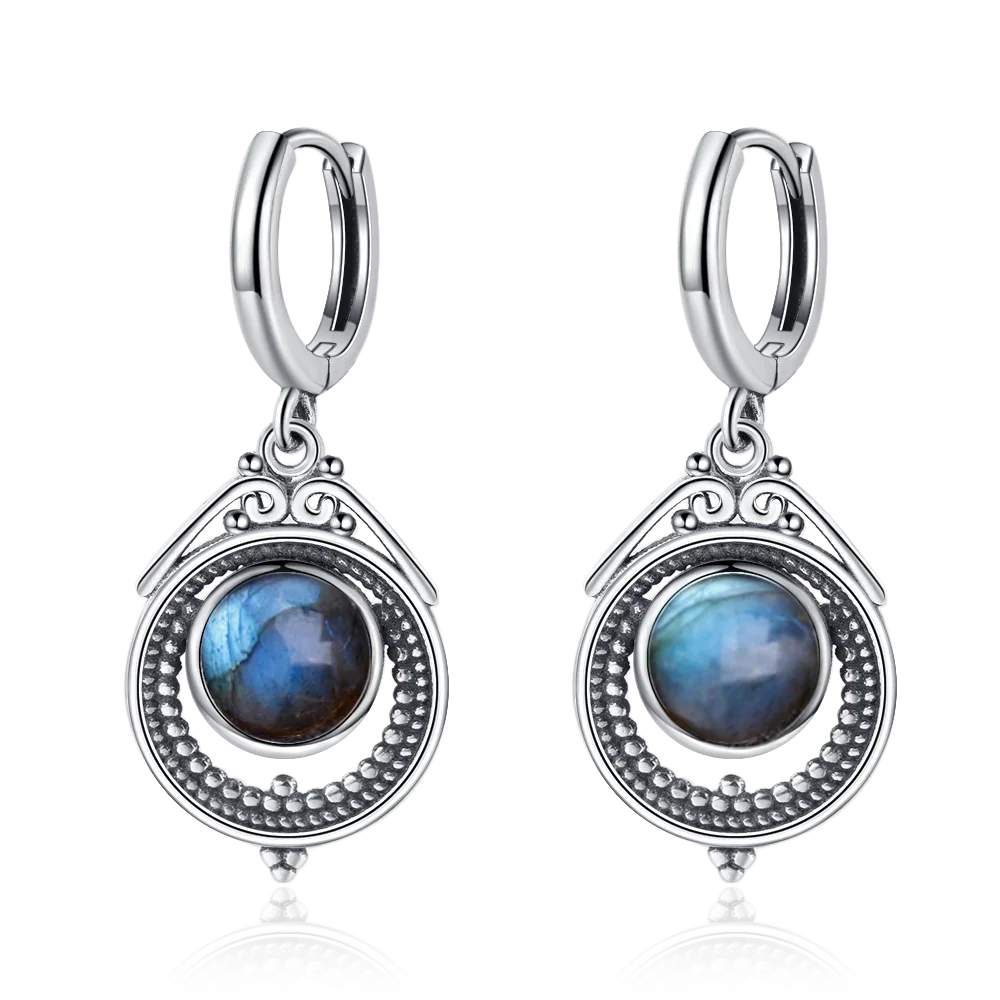 Natural Stone Sun Flower Hoop Earrings for Women, Vintage Antique Silver Turquoise Amethyst Labradorite Dangle Earring Wholesale