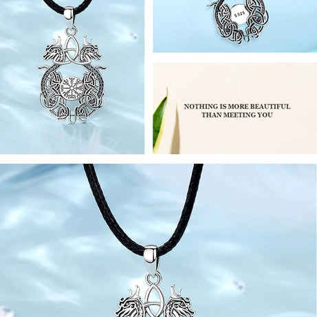 Sterling Silver 925 Viking Dragon Celtic Knot Compass Necklace, Norse Amulet