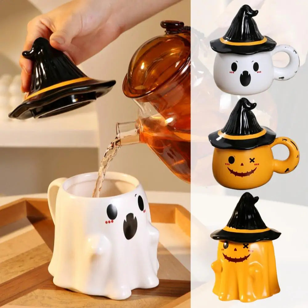 Halloween Ceramic Cup Ghost Mug Creative Cute Couple Mug Gift Afternoon Tea Breakfast Milk Cup Home Office Drinking cup With Lid - Charlie Dolly