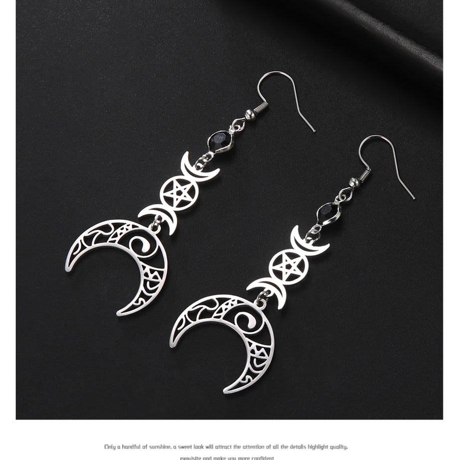 Triple Moon, Rune & Pentagram Hoop Earrings, Stainless Steel Witchy Amulet