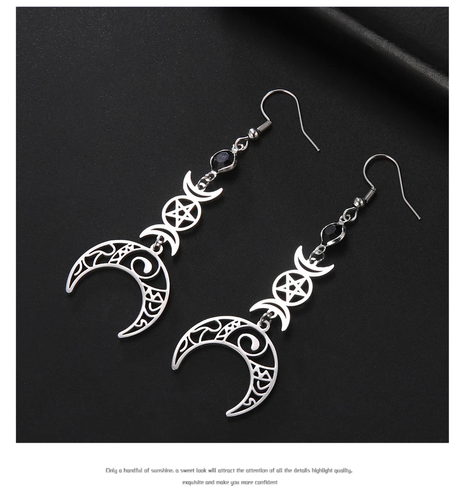 Unift Goth Stainless Steel Earring Triple Rune Moon Phase Pentagram Earrings Woman Men Vintage Jewelry Ear Piercing Witch Knot