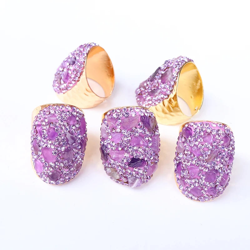 Irregular Natural Geode Stone Rings Agate Slices Wide Open Ring for Women Men Boho Resizable Finger Jewelry