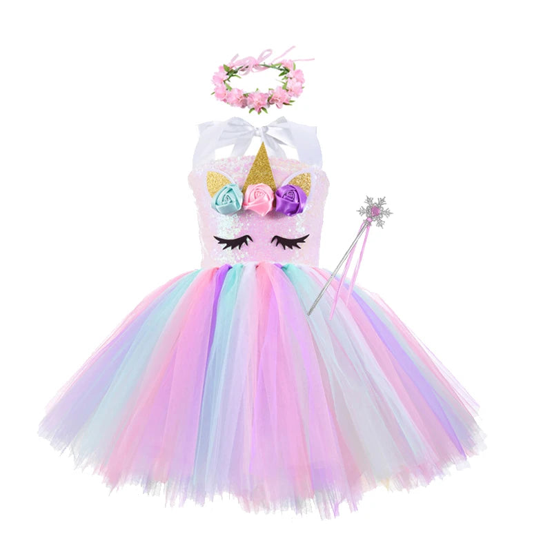 Princess Girls Unicorn Tutu Dress Outfits Pastel Flower Baby Girl Birthday Party Dresses Tulle Kids Halloween Cosplay Costumes - Charlie Dolly