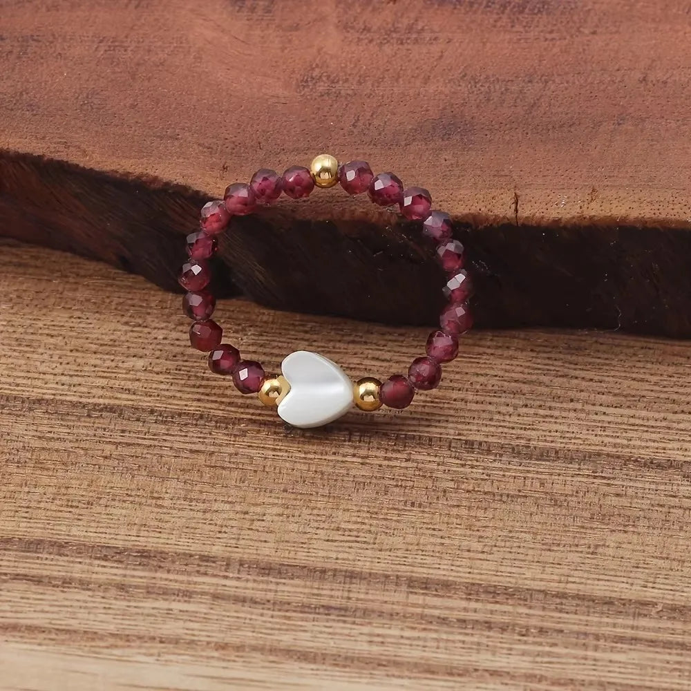 Boho Nature Crystal Beaded Ring Love Heart Amethyst Moonstone Turquoise Faceted Stone Stretchy Adjustable Women Jewelry Gift