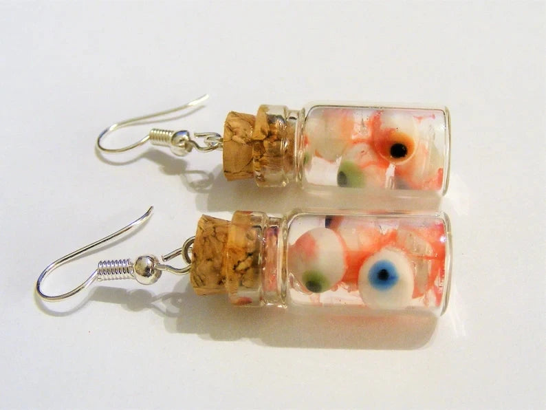 Halloween earrings Eyeballs in a Bottle Earrings Miniature Bottle Eyeball earrings Bottle of Eyes Halloween Jewelry - Charlie Dolly