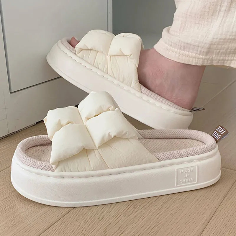 2023 New Women Slippers Summer Four Seasons Checked 4cm Thick Soft Sole Linen Slippers Indoor Home Bedroom Couple Floor Slippers - Charlie Dolly
