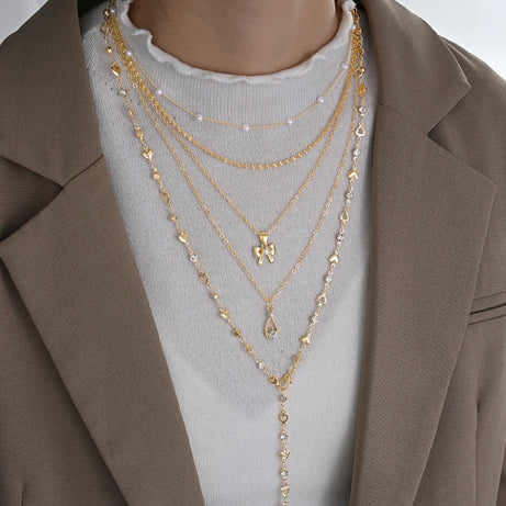 Zircon Pearl Bow Heart Layered Necklace Set Jewelry
