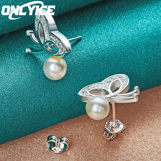 Charms 925 Sterling Silver Cute Butterfly Pearl Stud Earring For Women Wedding Engagement Party Fashion Jewelry Christmas Gifts - Charlie Dolly
