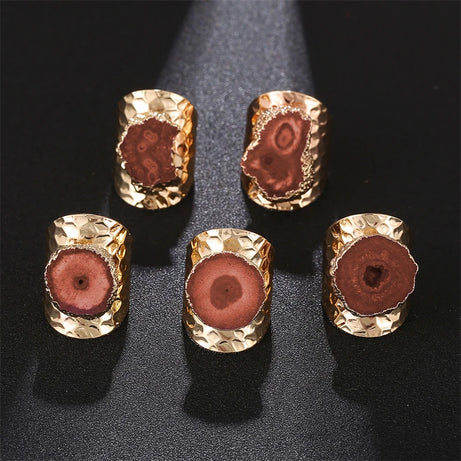Boho Irregular Natural Stone Agate Slices Sunflower Wide Open Ring for Women Gold Plated Resizable Finger Jewelry - Charlie Dolly