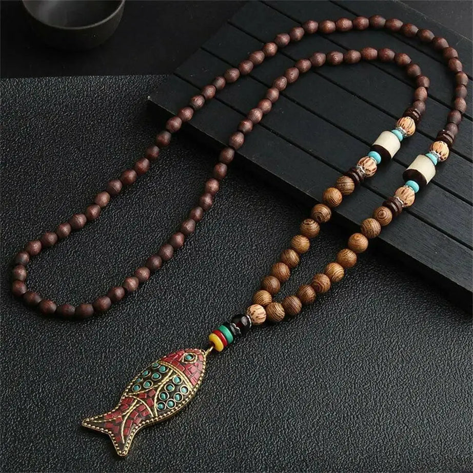 Nepal Wood Bead Tassel Sweater Chain Necklace Jewelry