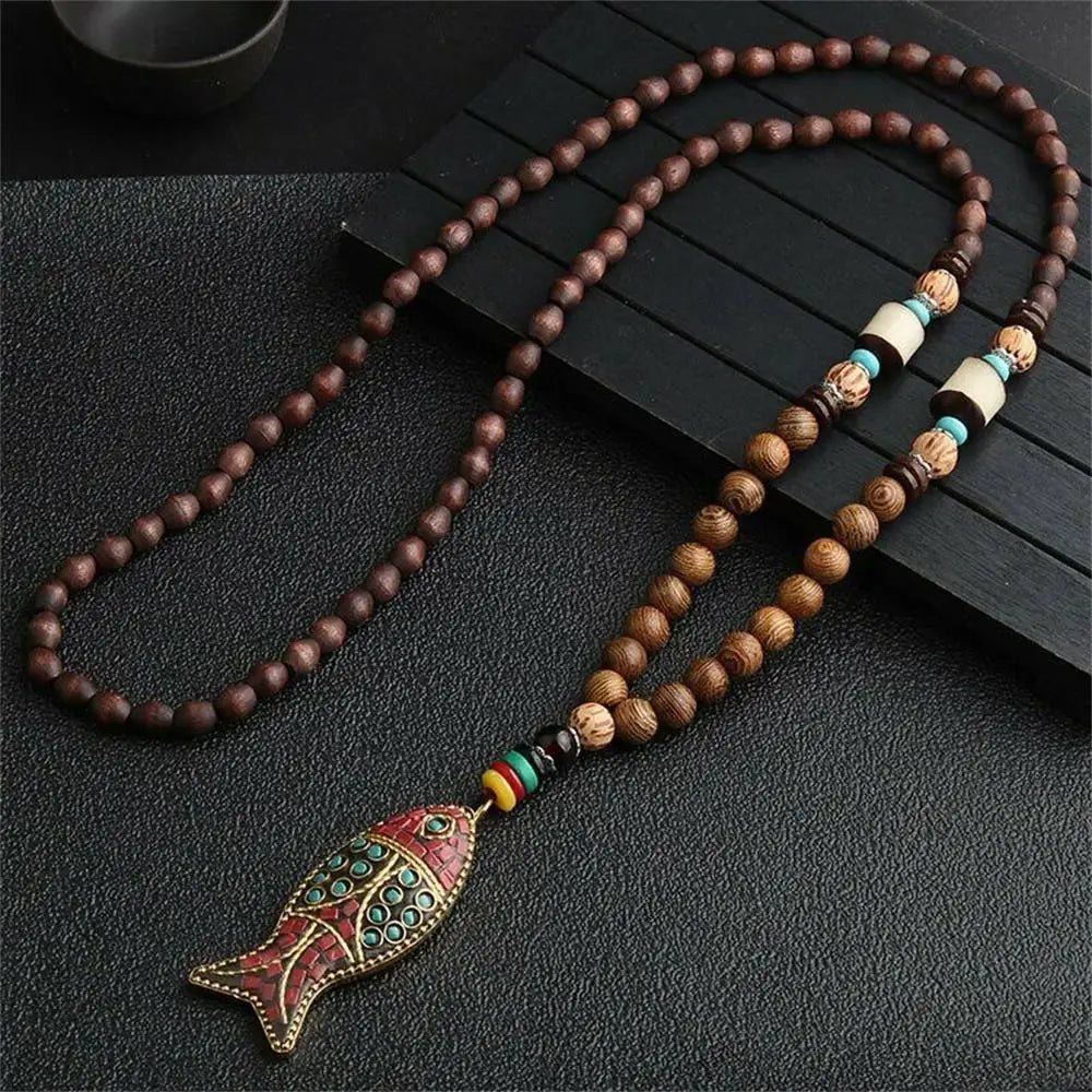 Nepal Wood Bead Tassel Sweater Chain Necklace Jewelry