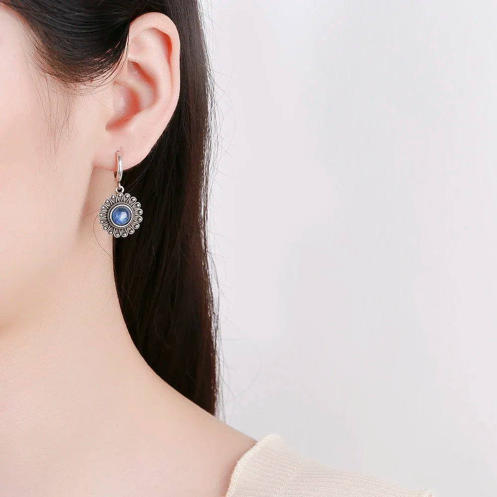 Natural Stone Sun Flower Hoop Earrings for Women, Vintage Antique Silver Turquoise Amethyst Labradorite Dangle Earring Wholesale