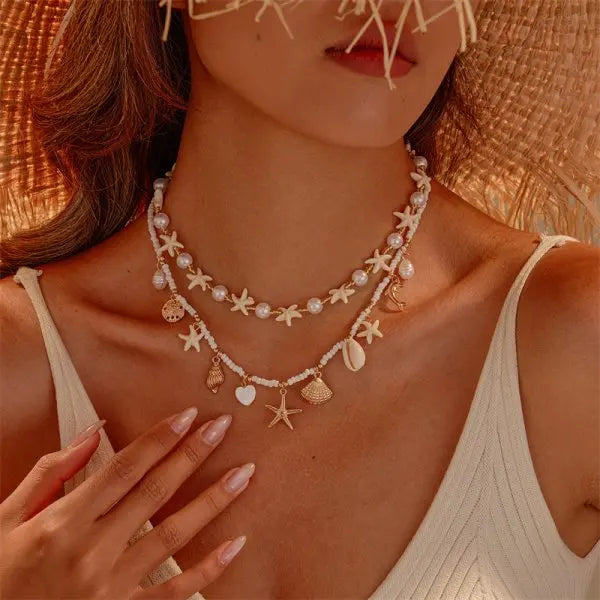 Boho Multilayer Shell Starfish Pendant Necklace for Women Handmade Beaded Imitation Pearl Choker Beach Party Jewelry Gift