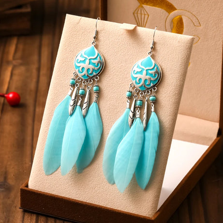 Blue Enamel Feather Crystal Long Earrings Jewelry