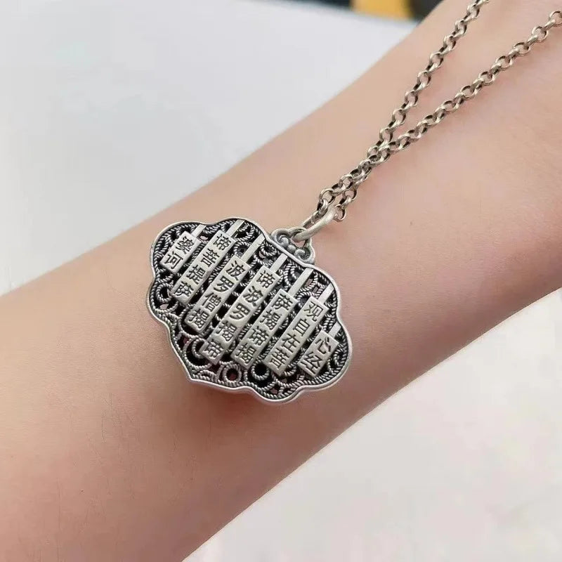 Vintage Enamel Pink Lotus Flower Heart Sutra Necklace for Women Hollow Out Ruyi Pendant Clavicle Chain 925 Silver Jewelry