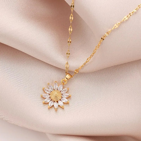 Gold Flower Zirconia Pendant Necklace, Titanium Steel Luxury Chain