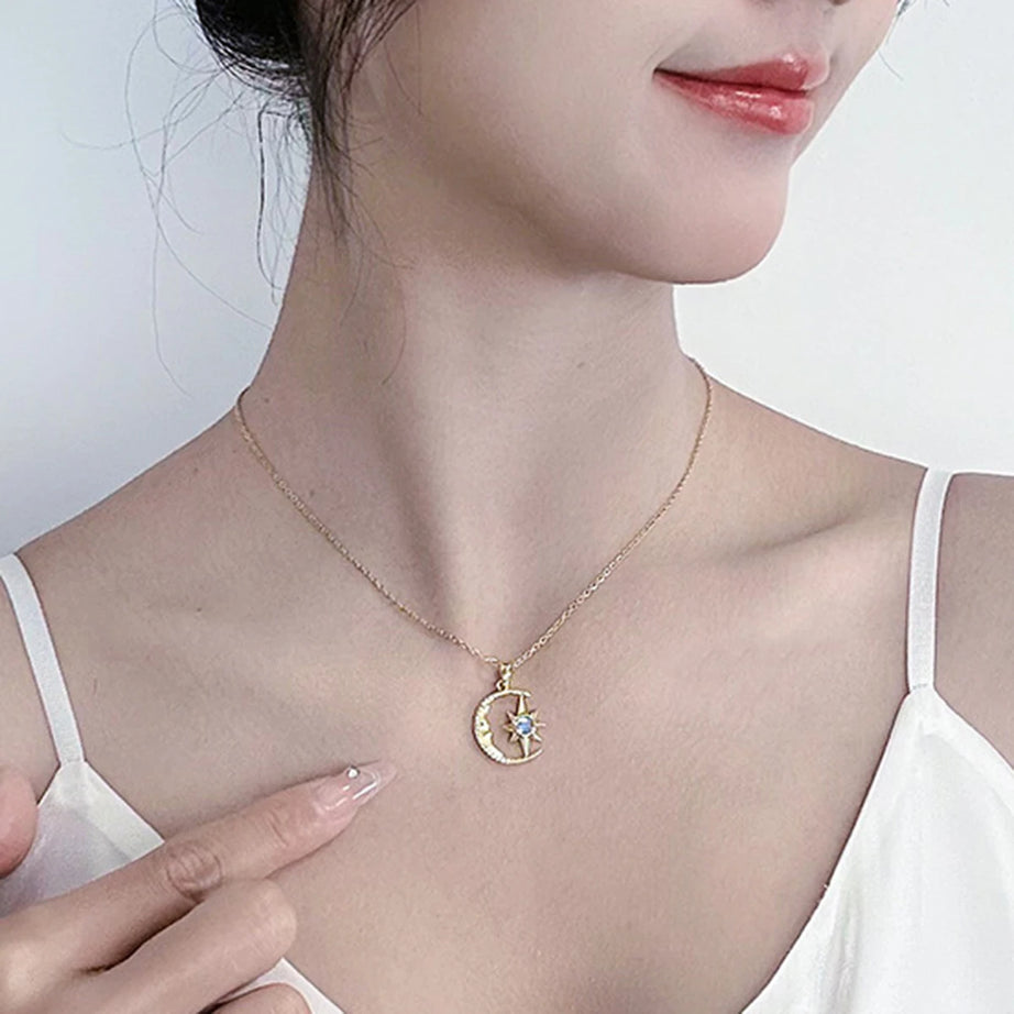 Stainless Steel Moon & Star Zircon Pendant Necklace, Delicate Celestial Chain