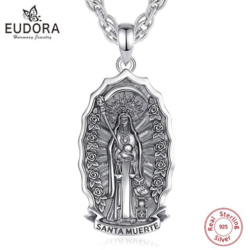Eudora 925 Sterling Silver Santa Muerte Necklace for Women Man Holy Death Scythe Mexican Pendant Personality Jewelry Fine Gift