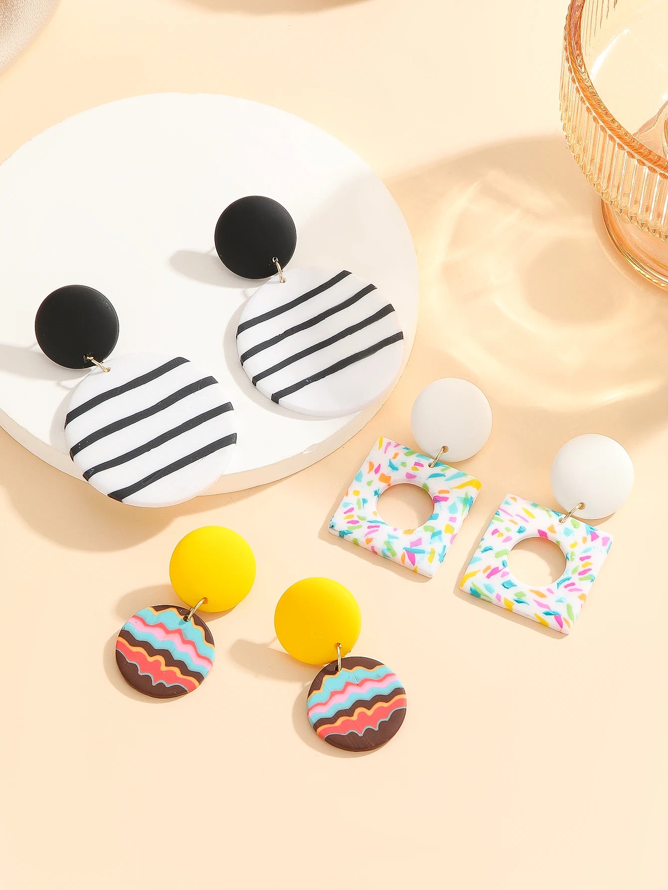 Boho Dangle Earrings Lightweight Polymer Clay Women's Black White Stripe round Confetti Donut Square Rainbow Wave Yellow