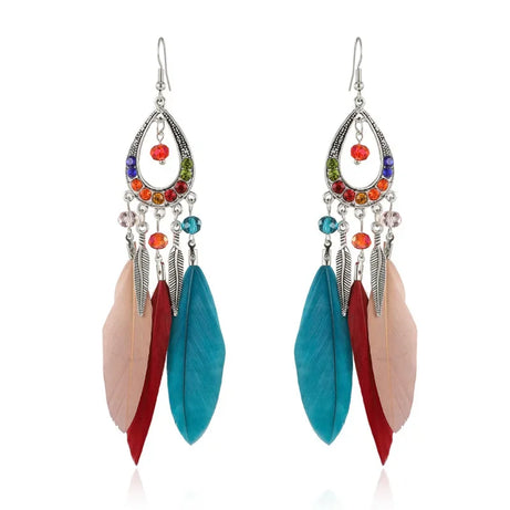 Feather Crystal Tassel Boho Dangle Earrings Jewelry