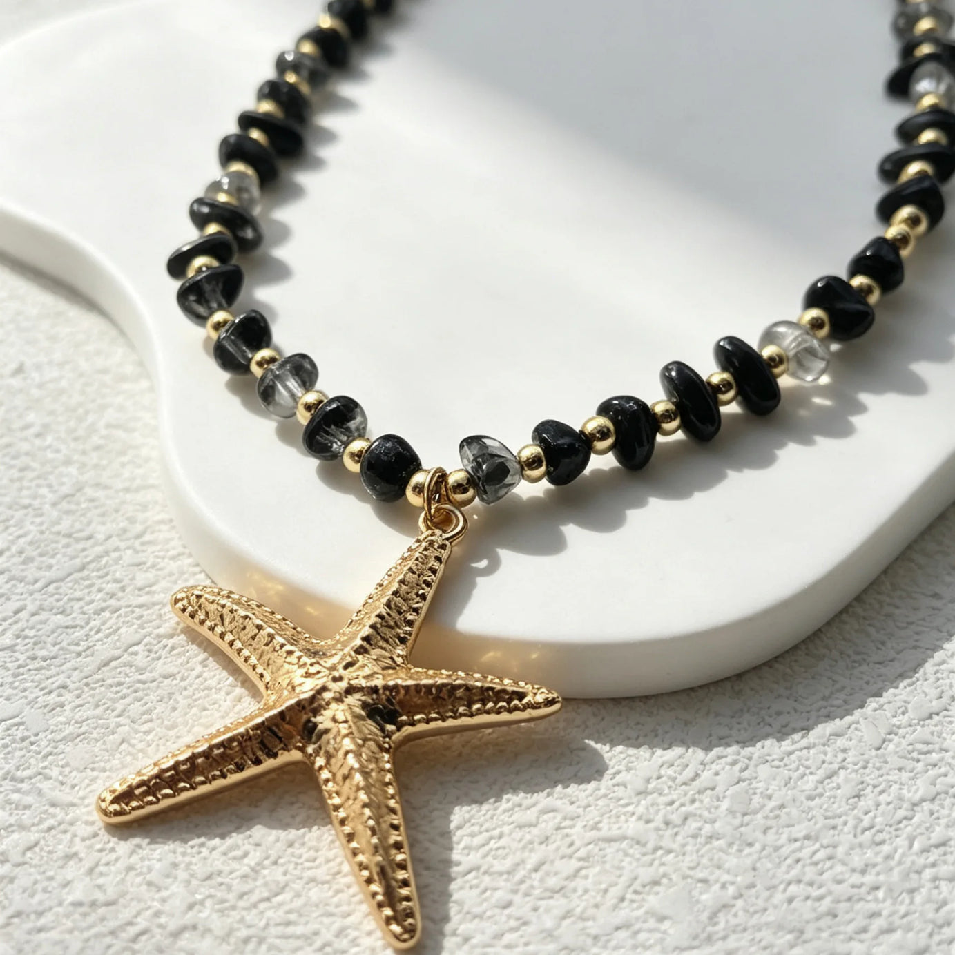 2026 Vintage Boho Colorful Natural Stone Beaded Necklace Gold Starfish Pendant Choker Summer Beach Vacation Party Jewelry Gift - Charlie Dolly