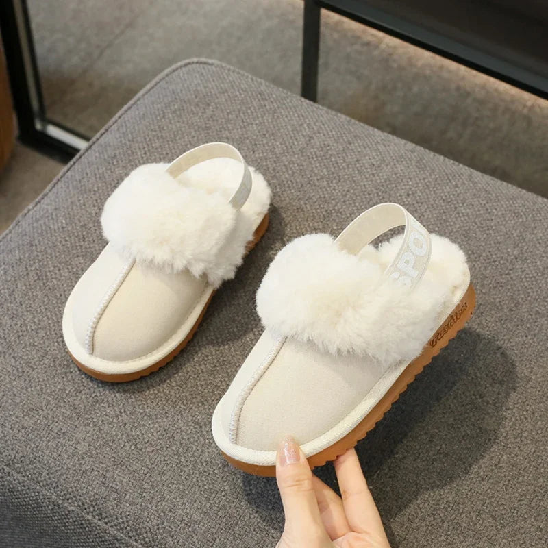 Elastic Band Fur Slippers Kid Girl Brand Design Winter Plush Sandals Luxury Slip-on Platform Mule Slide Child Warm Home Shoes - Charlie Dolly