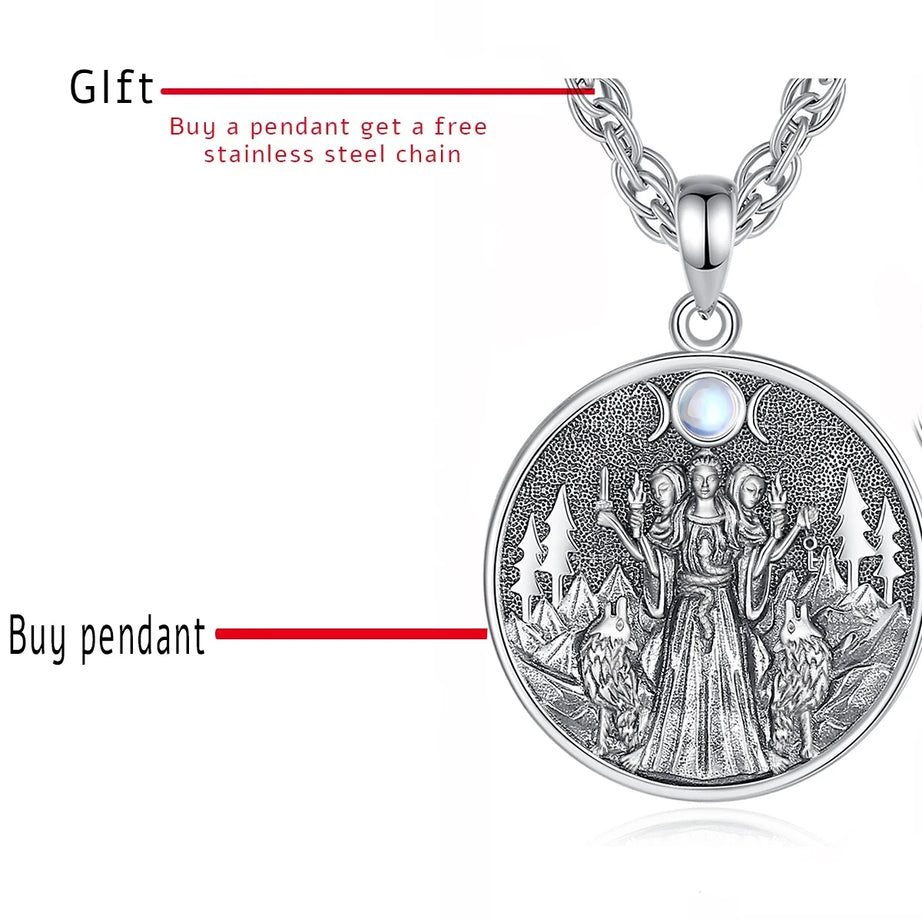 S925 Sterling Silver Hecate & Dog Pendant Necklace, Triple Moon Goddess Moonstone Amulet