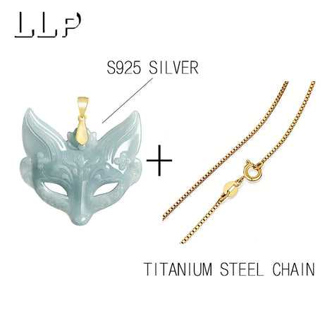 S925 Sterling Silver Hand-Carved Jade Fox Mask Pendant Necklace, Sacred Kitsune Amulet