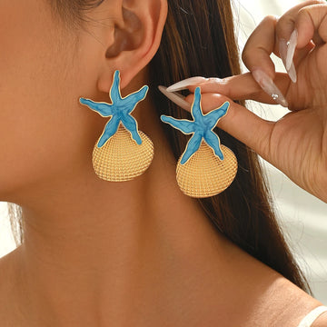 Summer Beach Irregular Enamel Starfish Shell Drop Earrings Boho Gold Tone Jewelry for Women