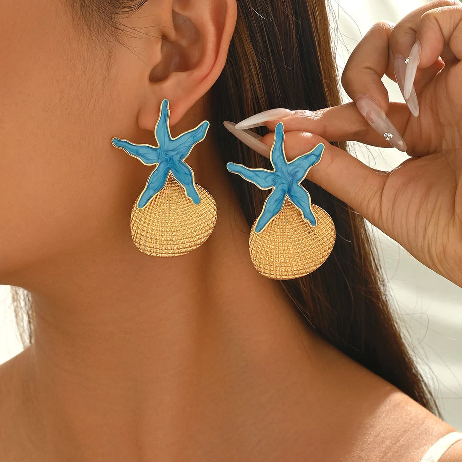 Enamel Starfish and Shell Drop Earrings
