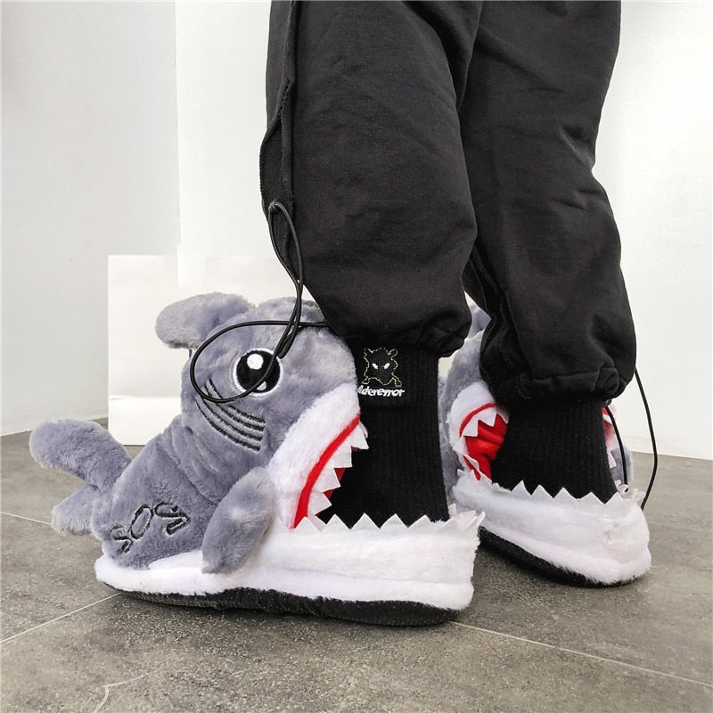 Cute Shark Shape House Women Cotton Slippers Autumn Winter Warm Indoor Floor Girls Shoes Cartoon Ladies Fluffy Slides Onesize - Charlie Dolly