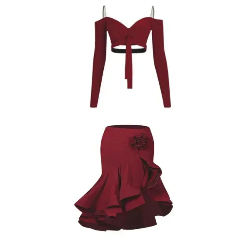 Sexy Off Shoulder Latin Top Ruffled Skirts Latin Dance Costume Stage Performance Clothes Samba Tango Dance Wear Set for Women 2pcs1 / L