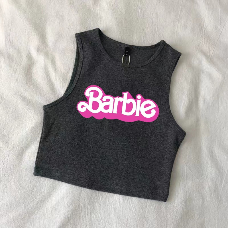 Sexy Barbie Ladies Sleeveless Crop Top Kawaii Cartoon Casual Girls Camisole T-Shirts Vest Y2K Fashion Women Slim Short Tank Tops