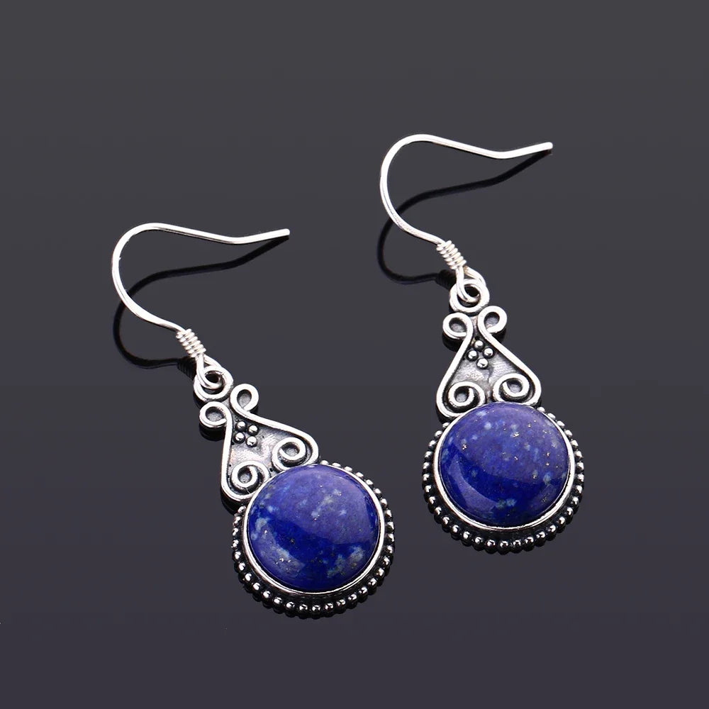 S925 Silver Drop Earring 10MM Round Lapis Lazuli Blue Pendant Earrings Engagement Wedding Women Fine Jewelri
