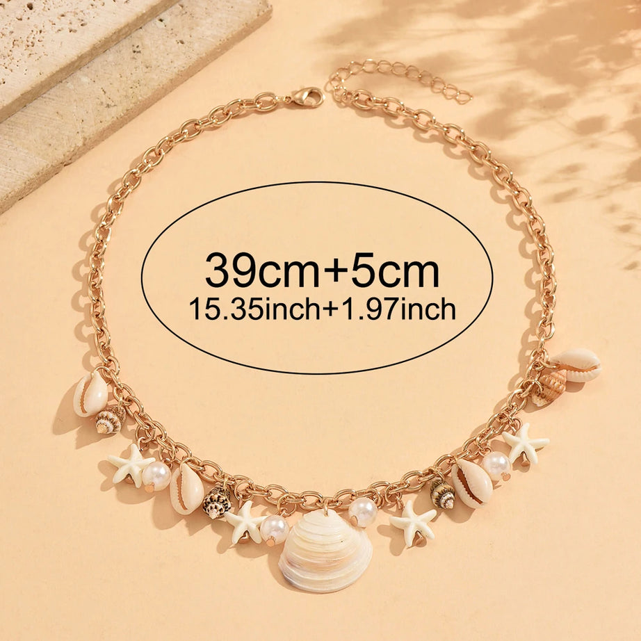 Dainty Gold Cowrie Shell and Starfish Choker Necklace