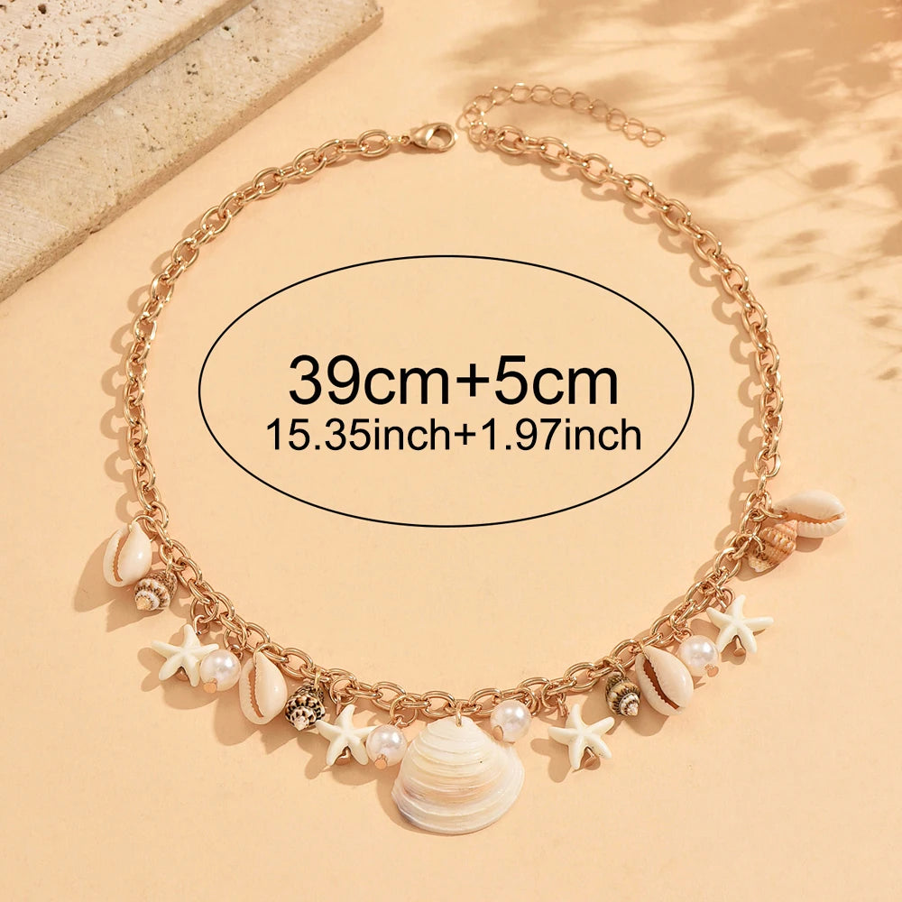 Women's Dainty Gold Choker Necklace Shell Cowrie Starfish Imitate Pearl Pendant Boho Summer Beach Vacation Daily Jewelry