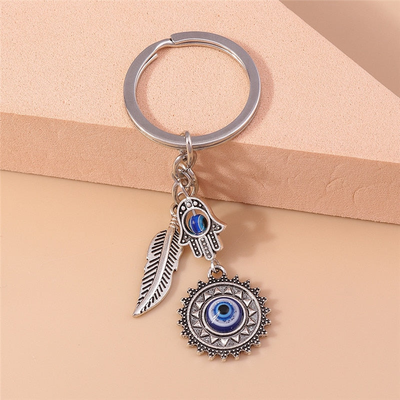 1Pc Bohemia Evil Eye Hamsa Hand Keychain for Women Men Blue Eye Sun Feather Key Ring Bag Pendant Car Key Holder Rings Wholesale