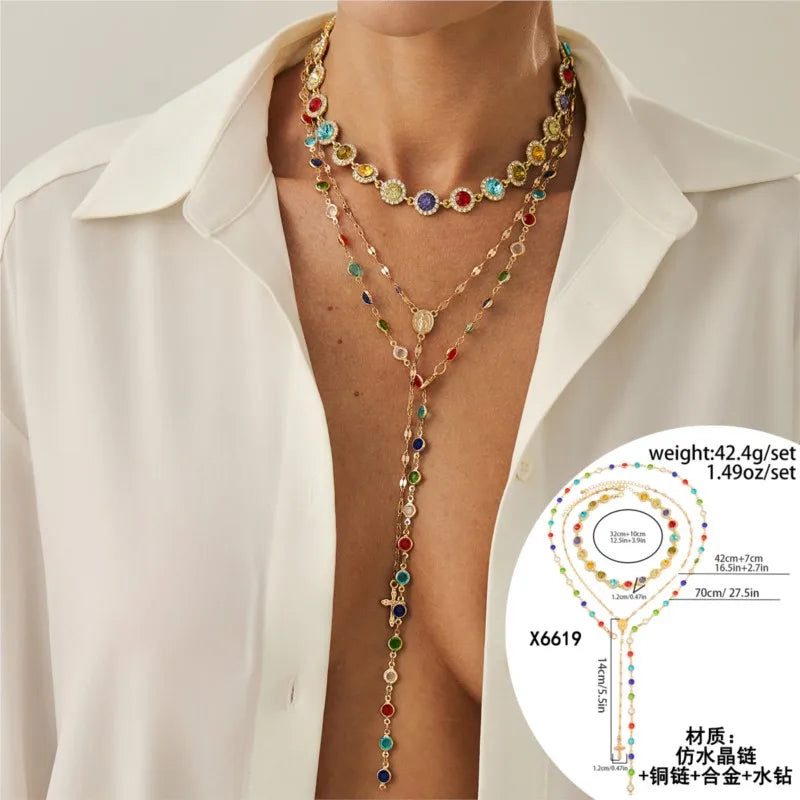 Colorful Rhinestone Multilayer Chain Necklace Set Jewelry