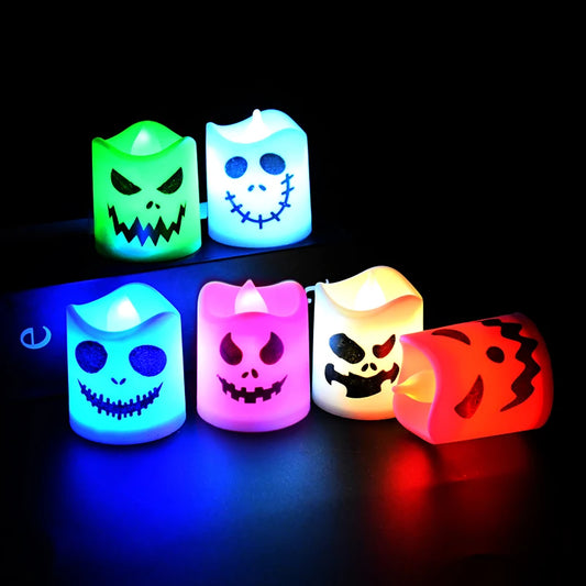 6Pcs/lot Led Halloween Ghost Pumpkin Candle Light Haunted House Horror Props Halloween Party Home Bar Decoration Multicolor Lamp