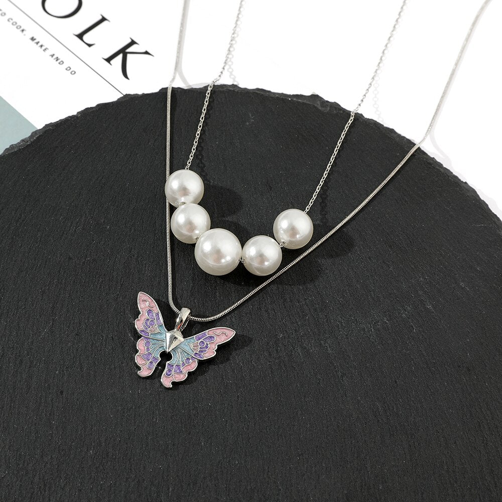 Disney Barbie Fairytopia Mermaidia Enamel Butterfly Pendant Necklace For Women Thai Pop Imitation Pearl Multilayer Jewelry - Charlie Dolly