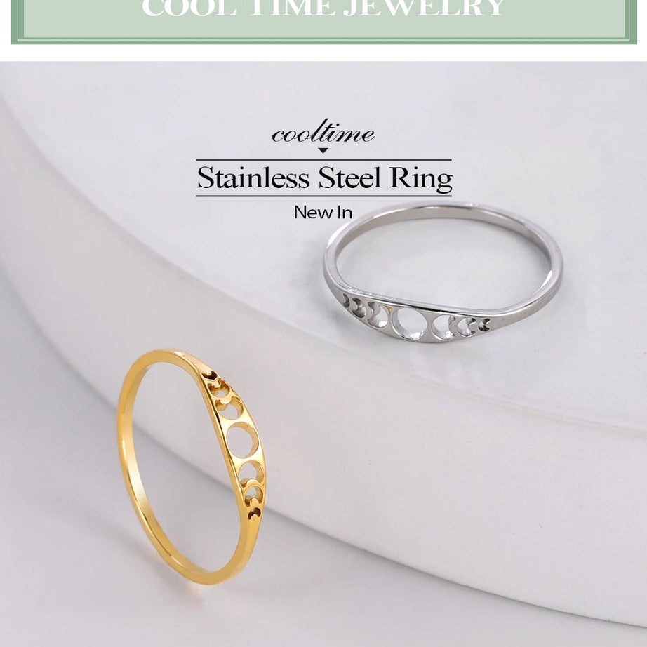 Moon Phase Couple Ring, Minimalist Stainless Steel Band Talisman